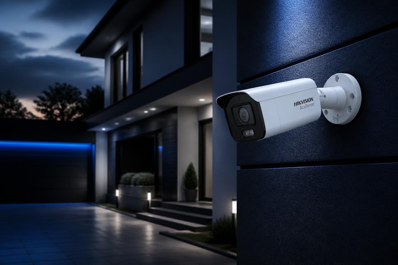 Hikvision AcuSense CCTV camera installed on a home in Darlington at dusk