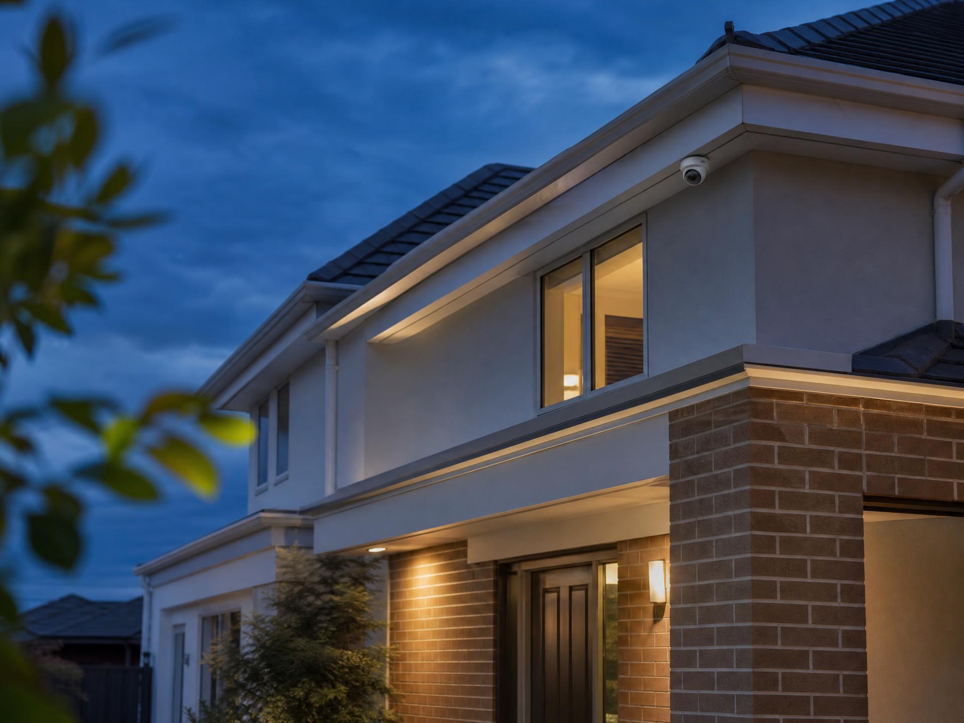 Modern home with a discreet CCTV camera installed under the eaves