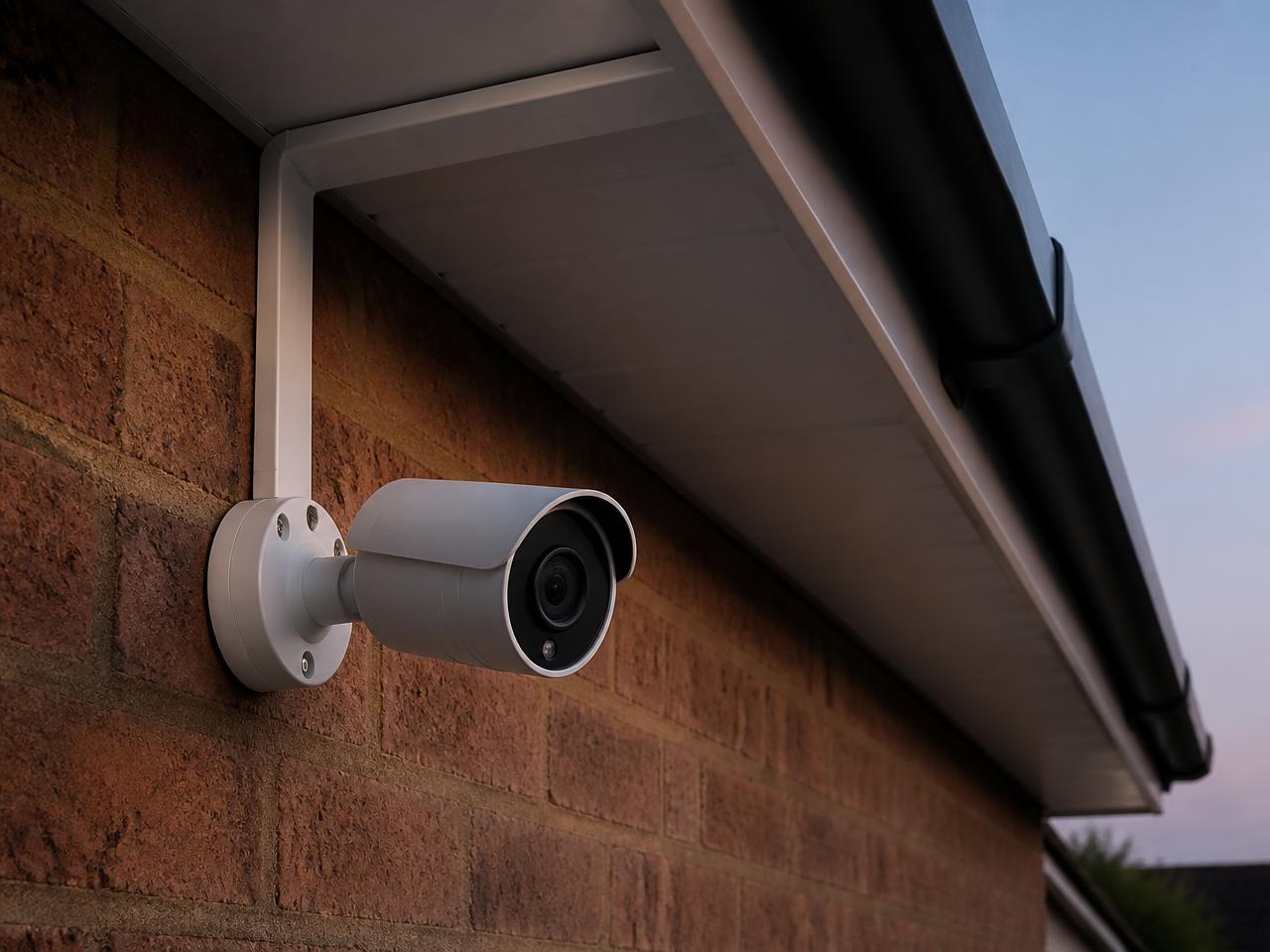 Neatly installed CCTV camera with discreet cable routing on a brick wall